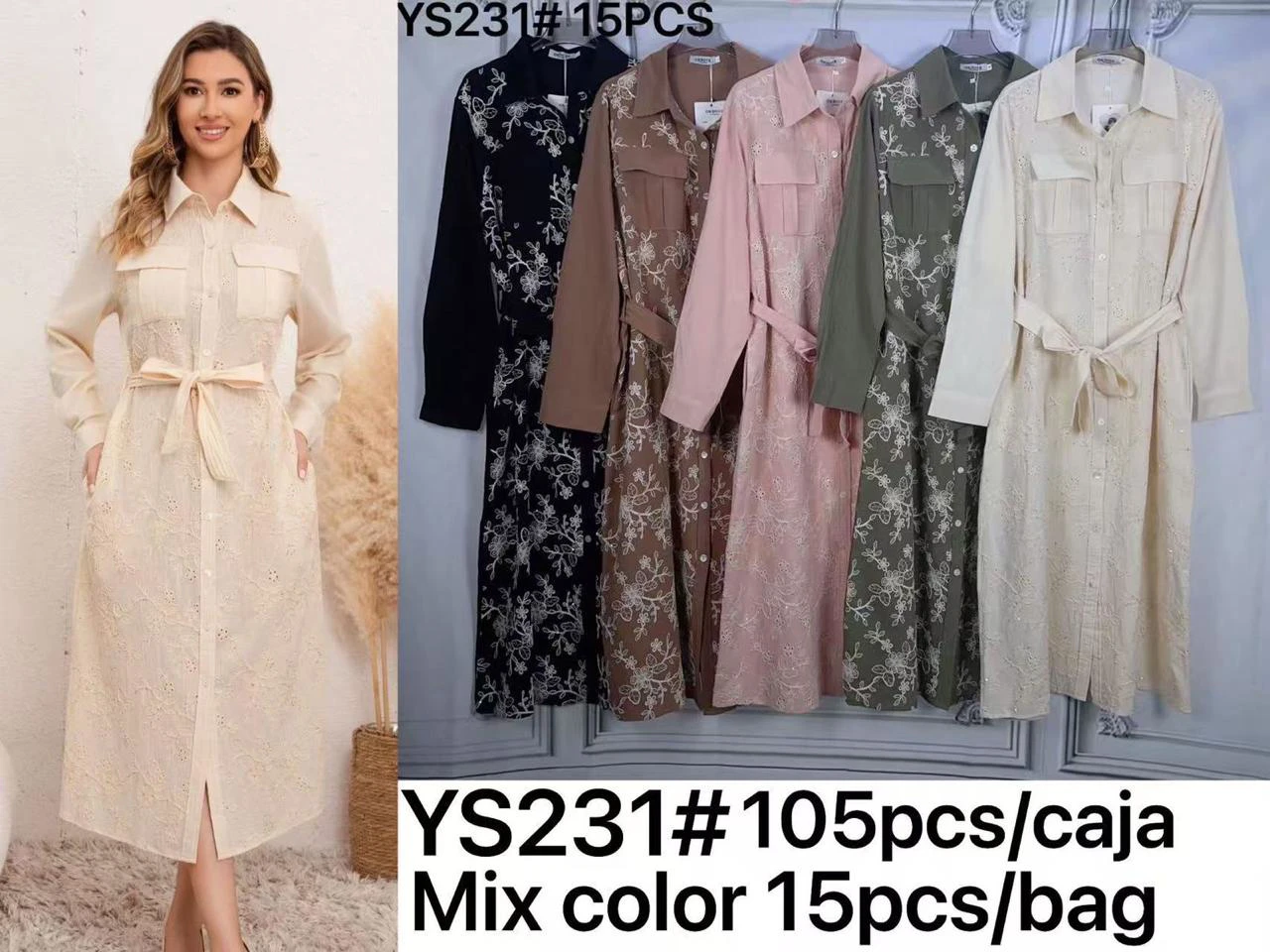 Vestido camisero largo bordado con cinturón-YS231