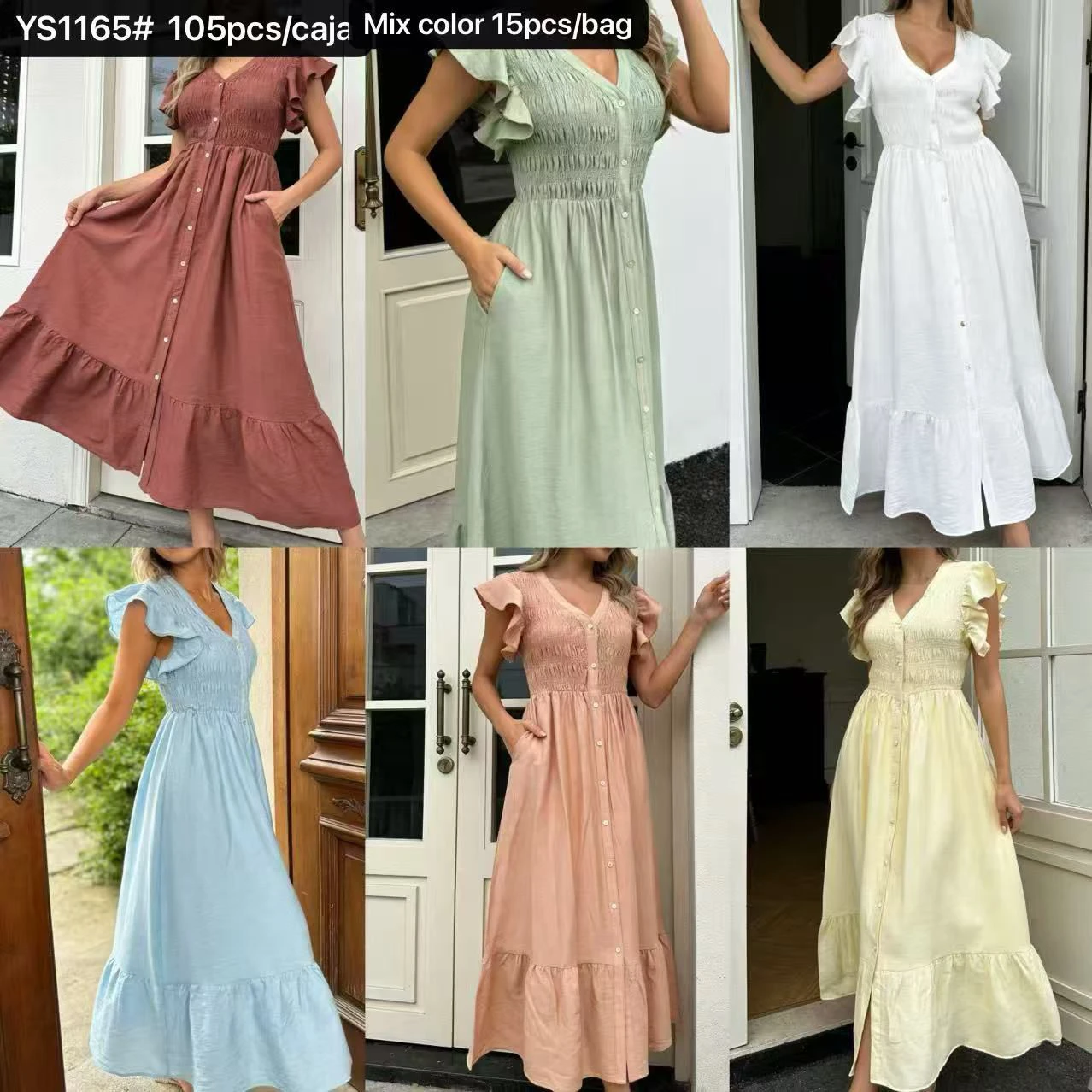 Vestido con cuello en V, botones frontales y detalle de volantes-YS1165