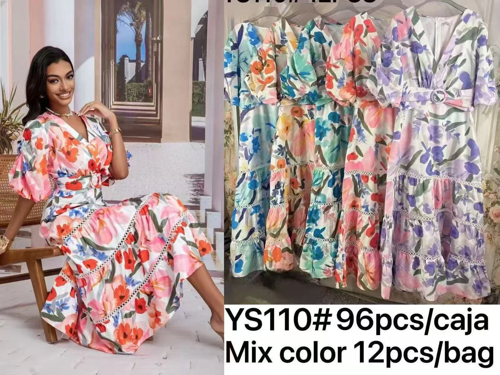 Vestido floral con cinturón y volantes-YS110