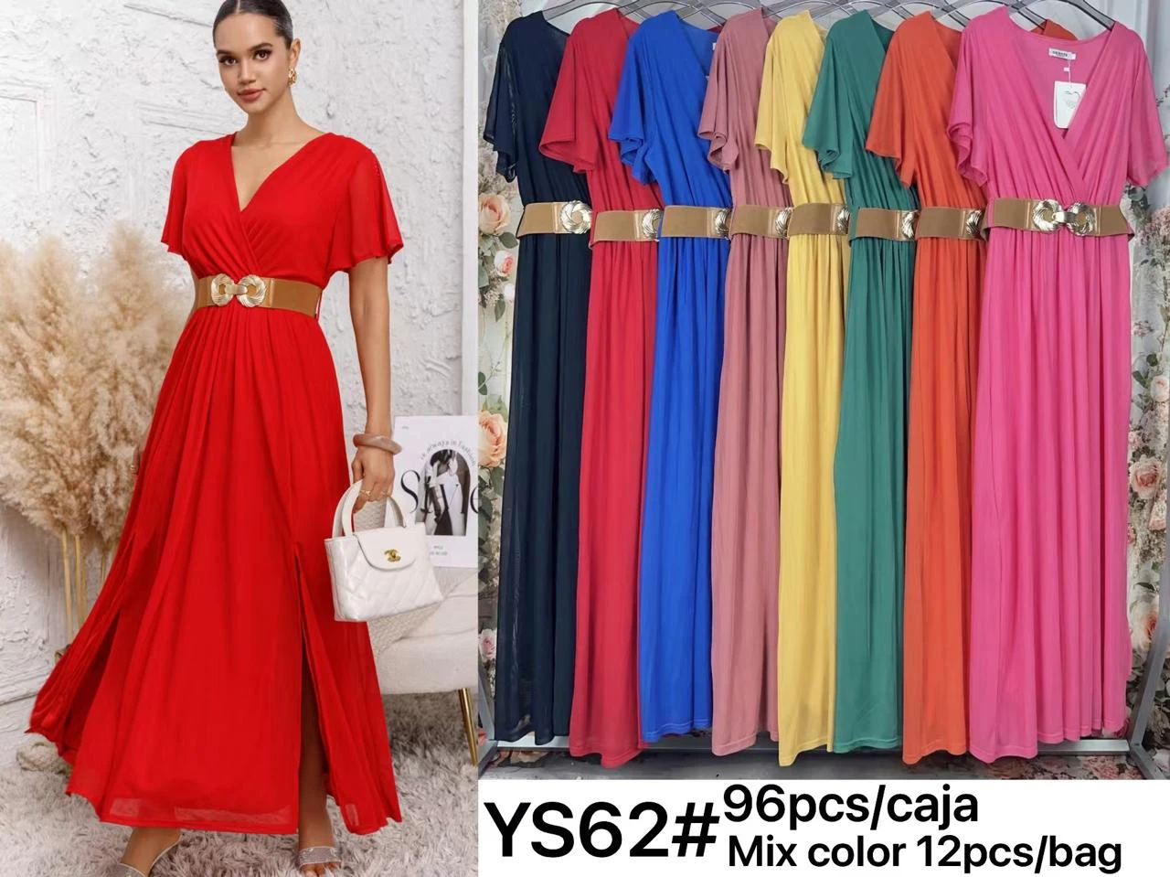 Vestido largo con cuello V y cinturón-YS62