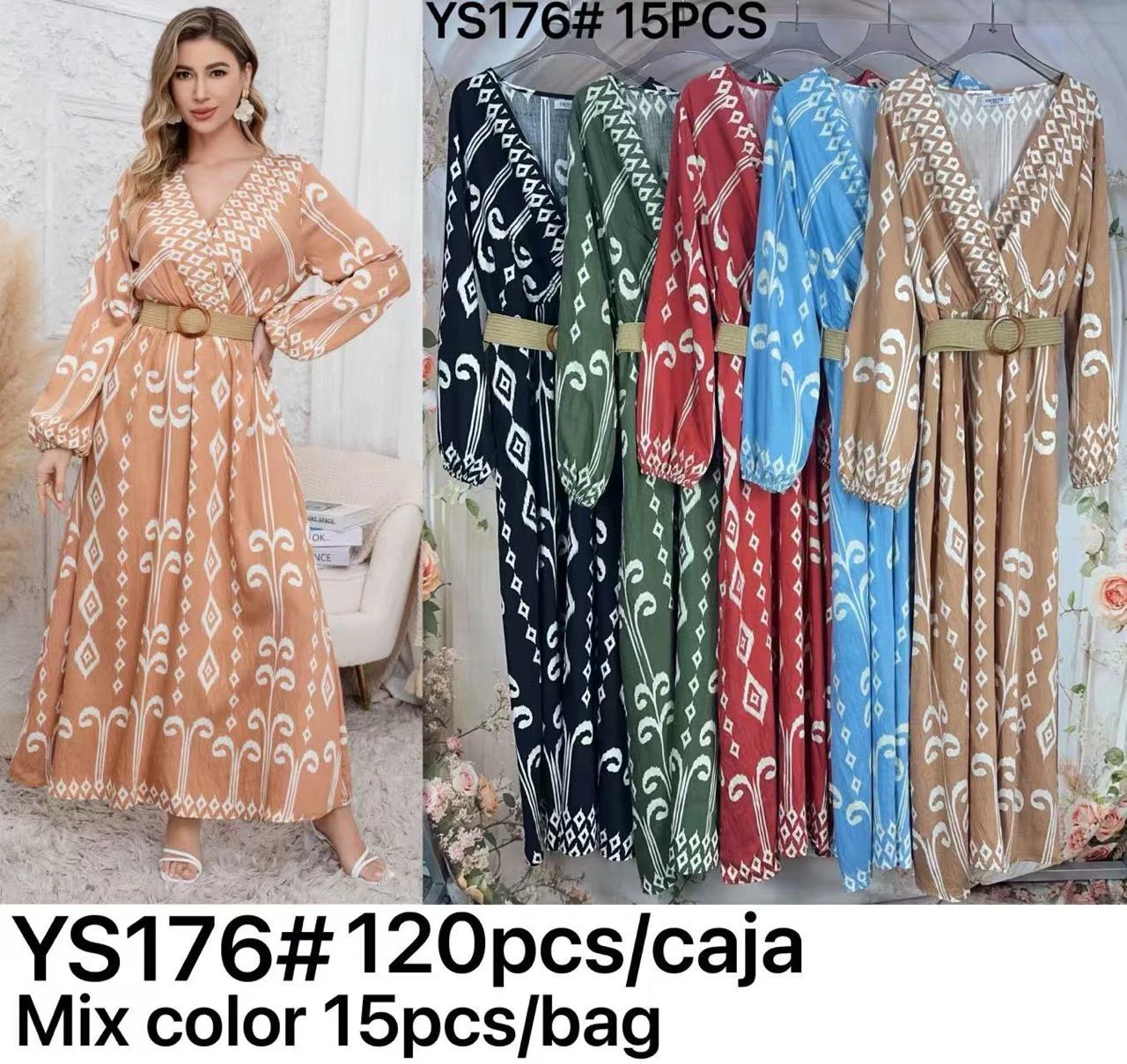 Vestido largo con estampado y cuello V-YS176