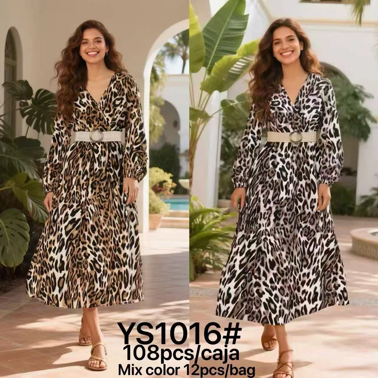 Vestido largo de cuello V con estampado de leopardo-YS1016
