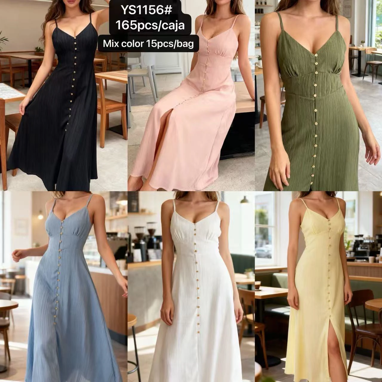 Vestido largo de tirantes con botones frontales-YS1156