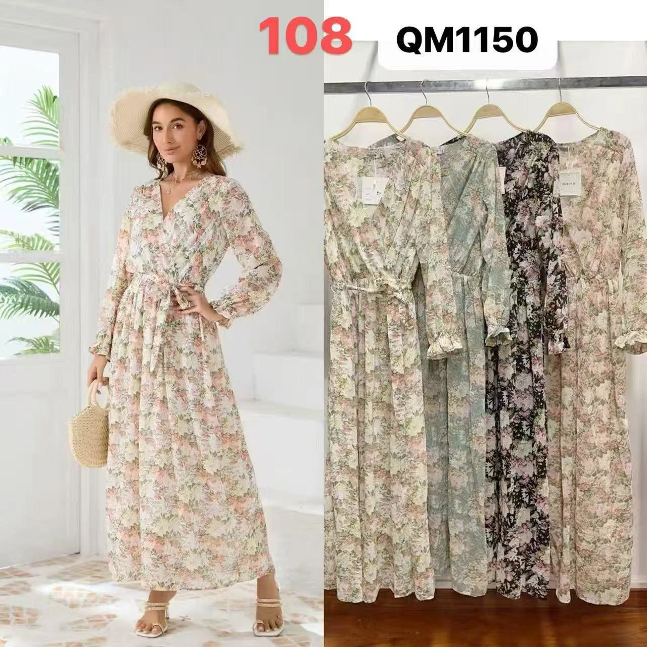 Vestido largo floral con escote en V y manga larga-QM1150