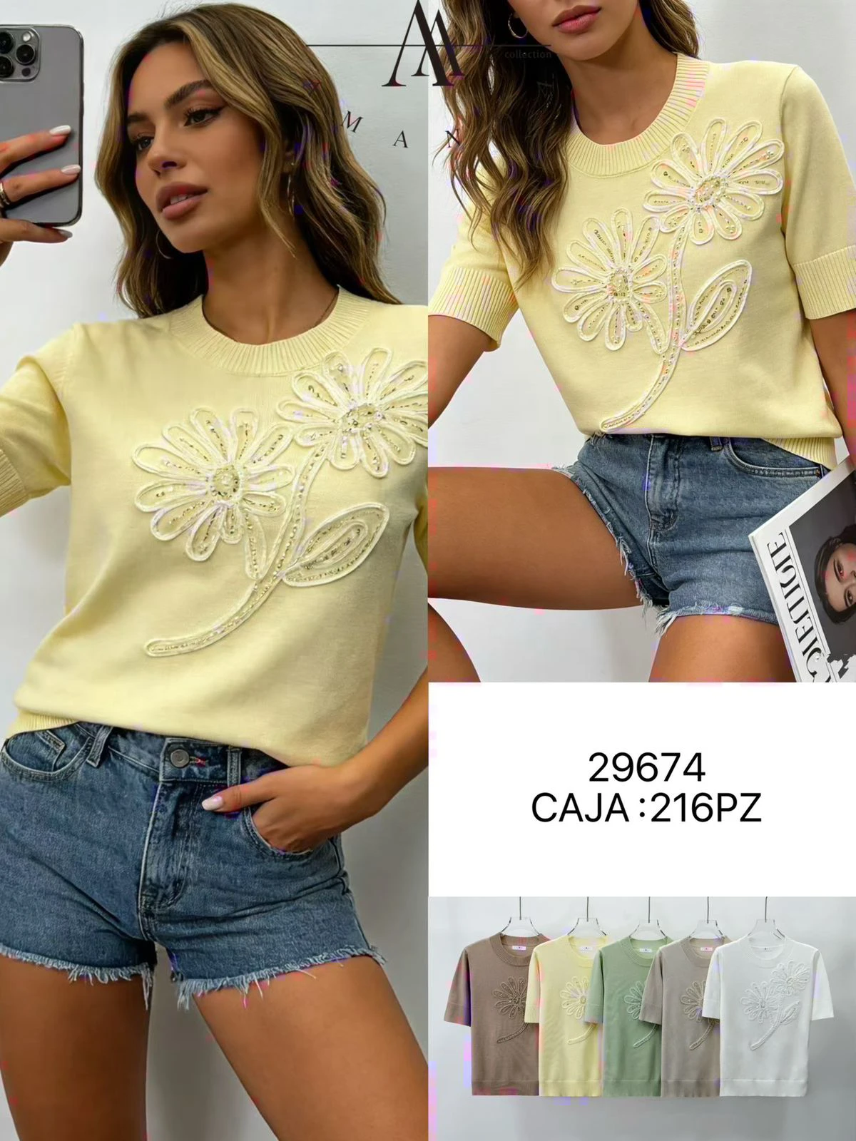 Blusa de punto de manga corta con diseño floral-29674