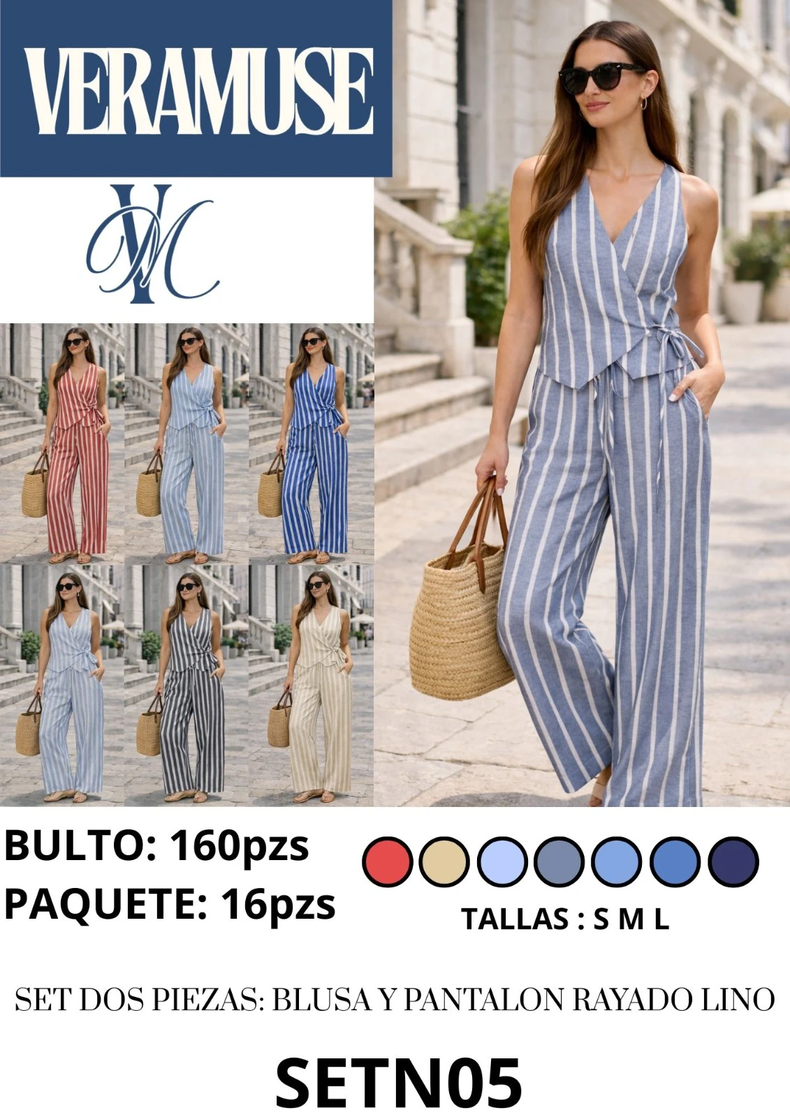 Conjunto de Blusa y Pantalón Rayado de Lino-SETN05