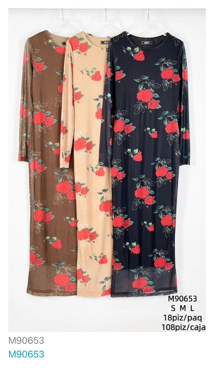 Vestido largo de manga larga con estampado floral-M90653