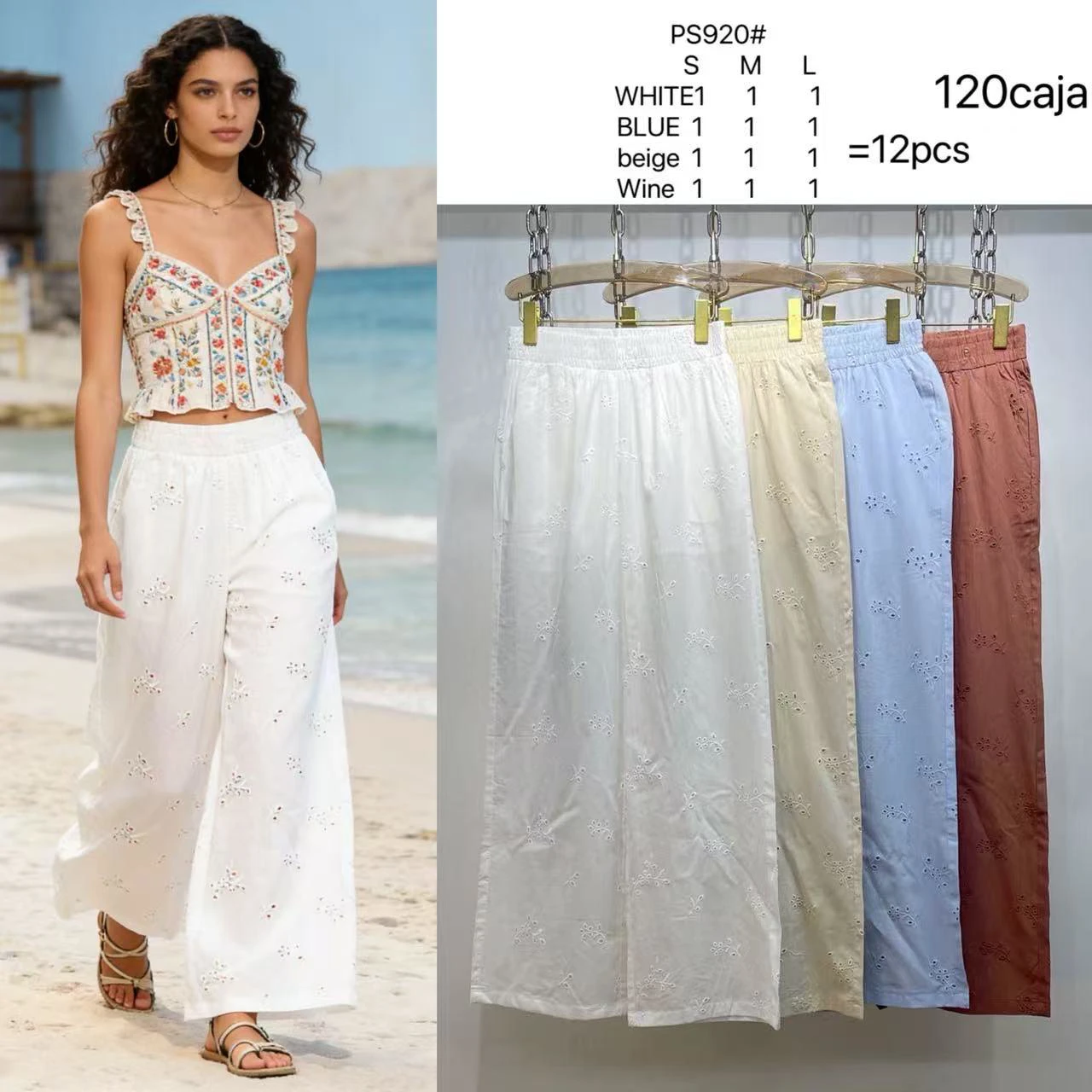 Pantalones de mujer bordados con perforaciones y cintura elástica-PS920