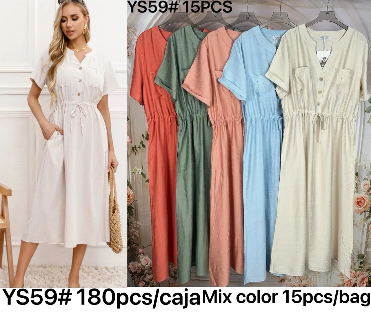 Vestido casual midi con botones y cordón en la cintura-YS59