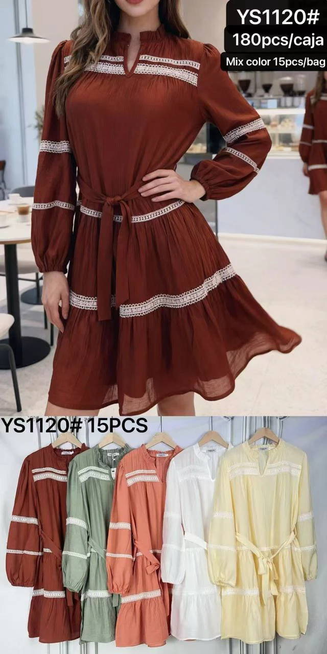 Vestido corto con cuello de banda y detalles de encaje-YS1120