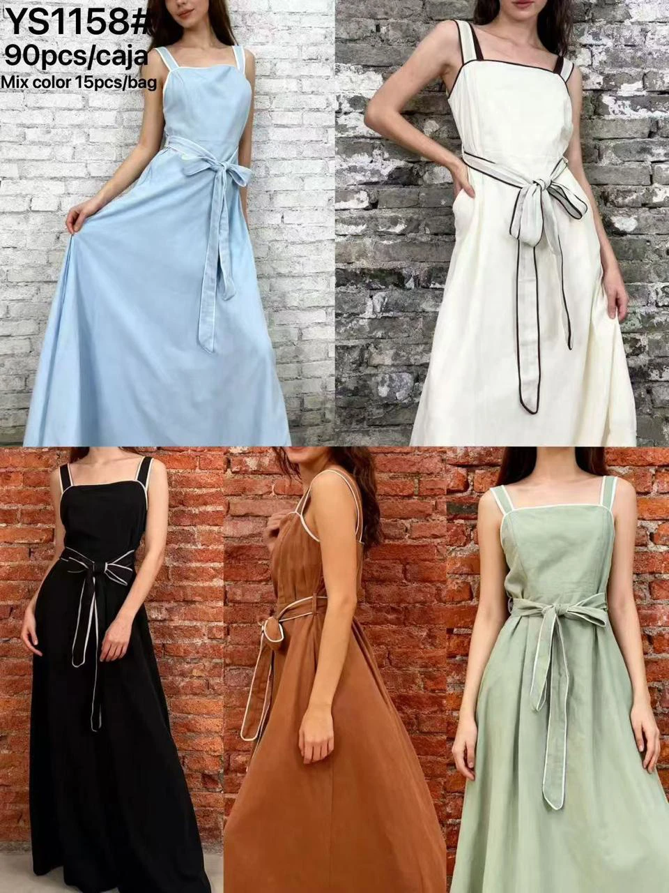 Vestido largo de tirantes con lazo en la cintura-YS1158