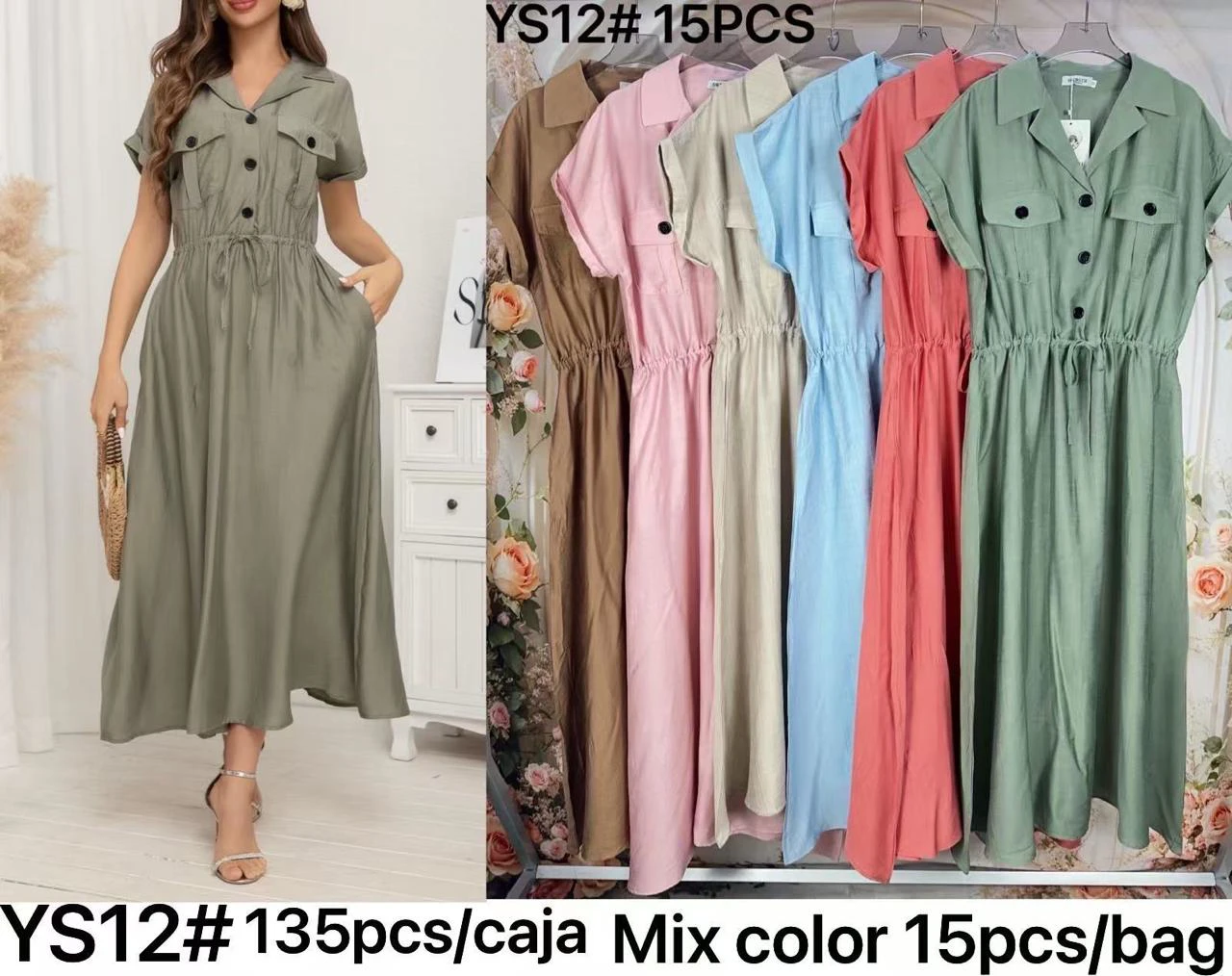 Vestido largo estilo camisero con cordón en la cintura-YS12