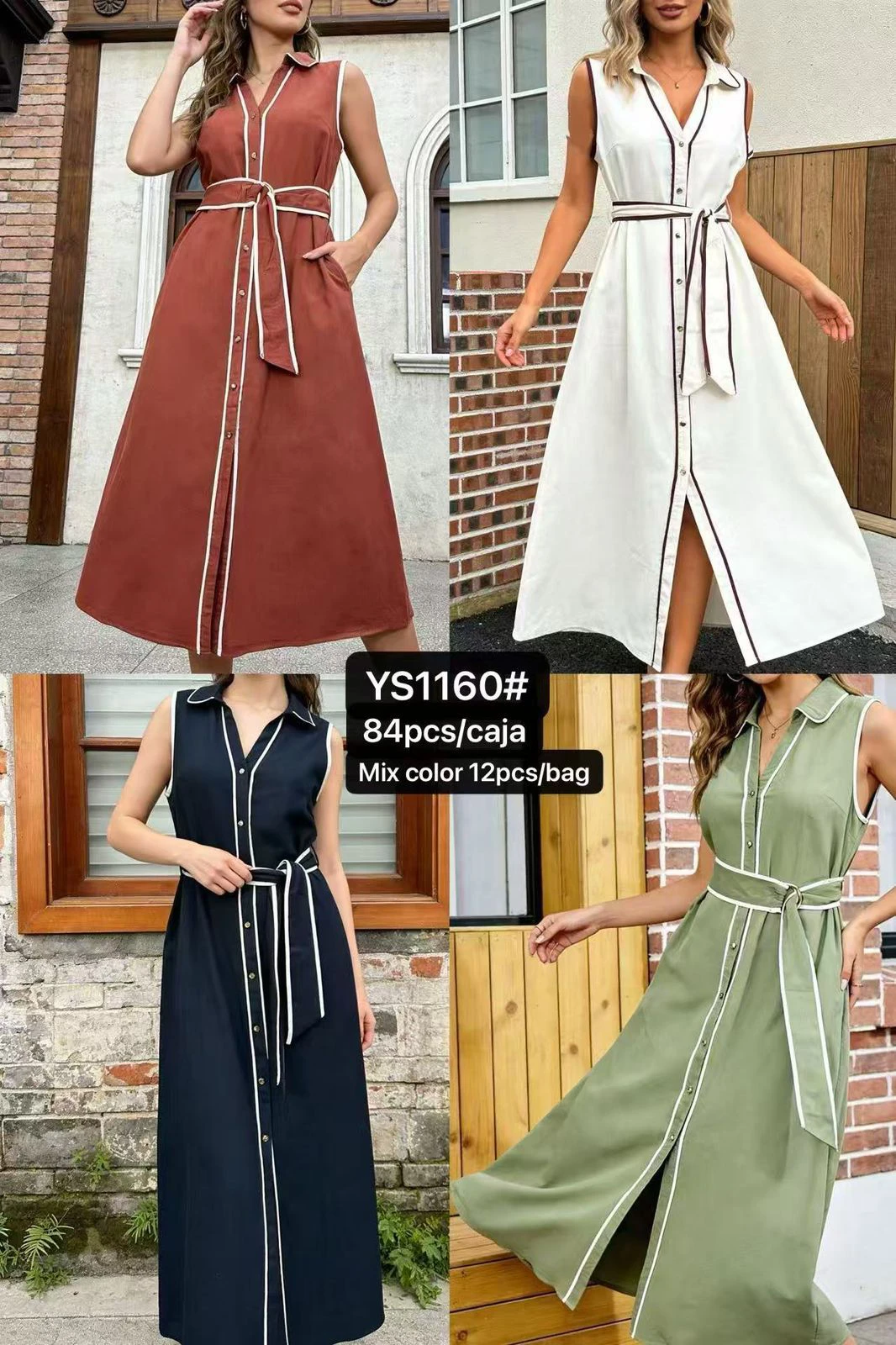 Vestido largo tipo camisa con cinturón-YS1160