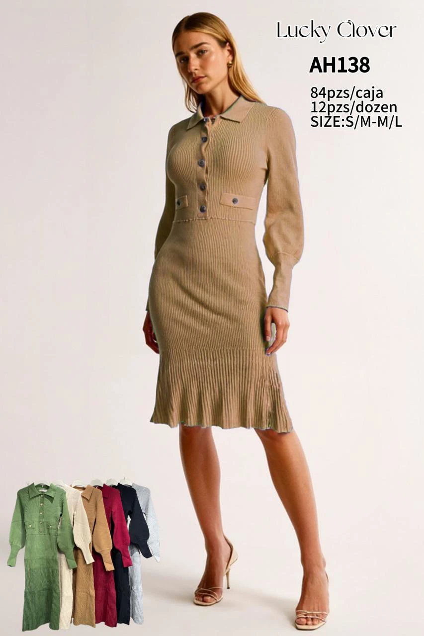 Vestido tejido acanalado con botones-AH138