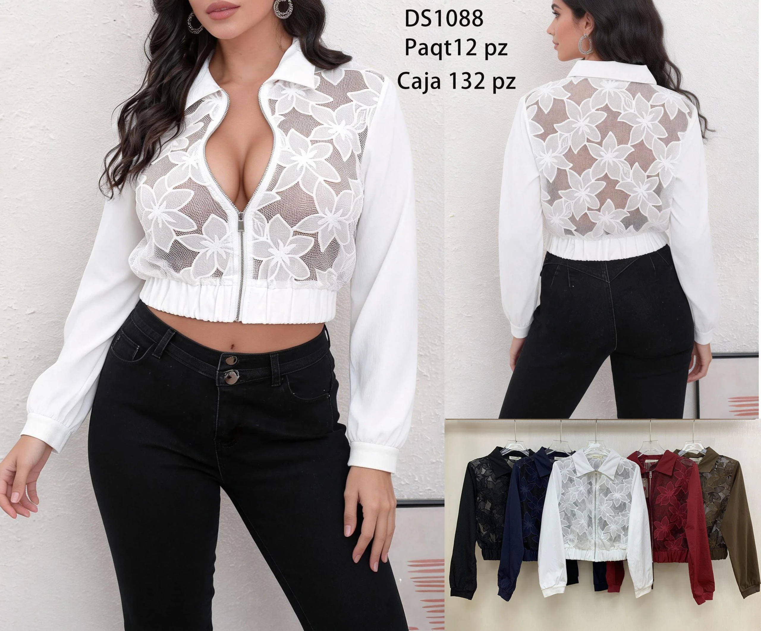 Cazadora bomber corta con encaje floral-DS1088