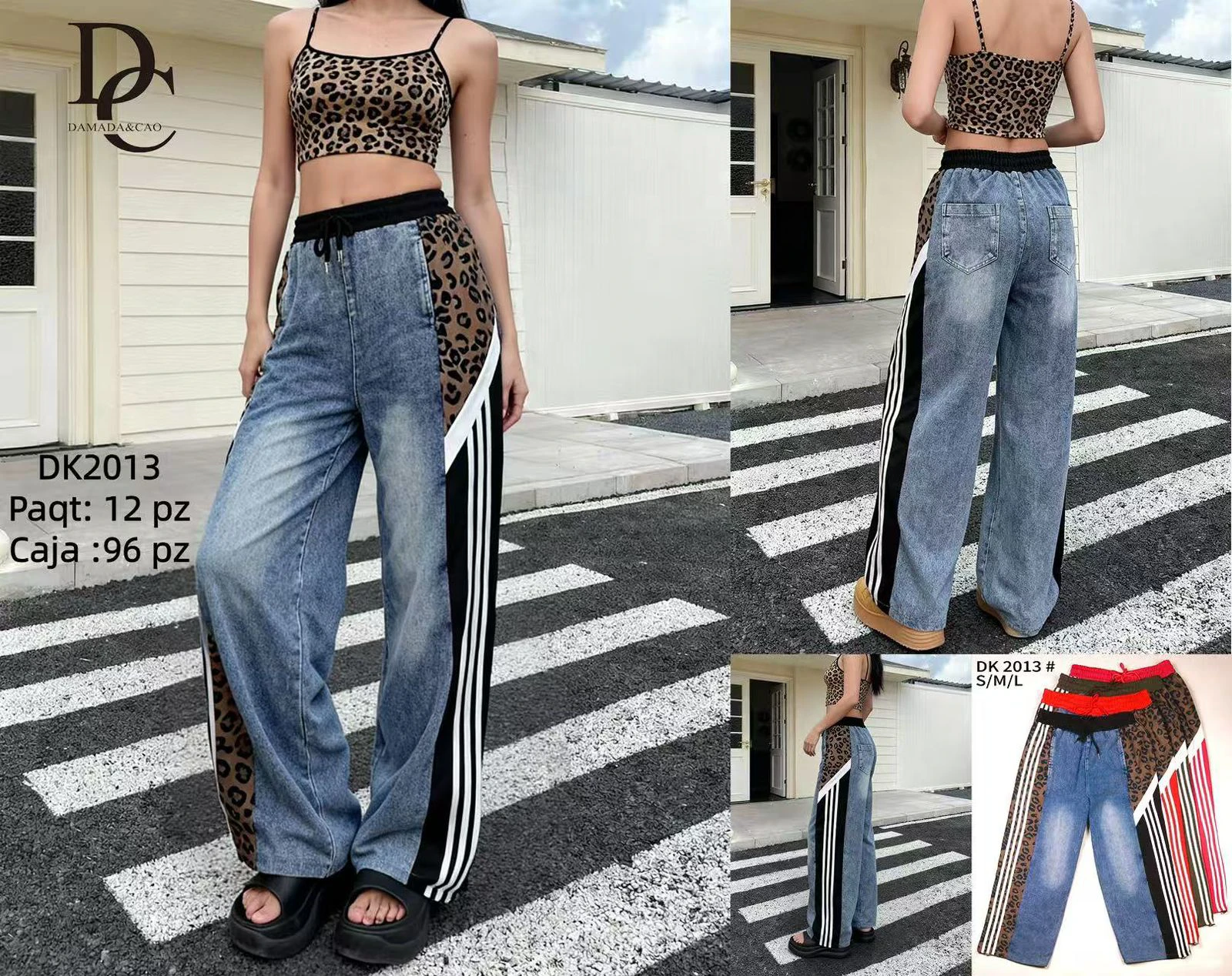Pantalón de mezclilla estilo jogger con panel de leopardo y rayas-DK2013
