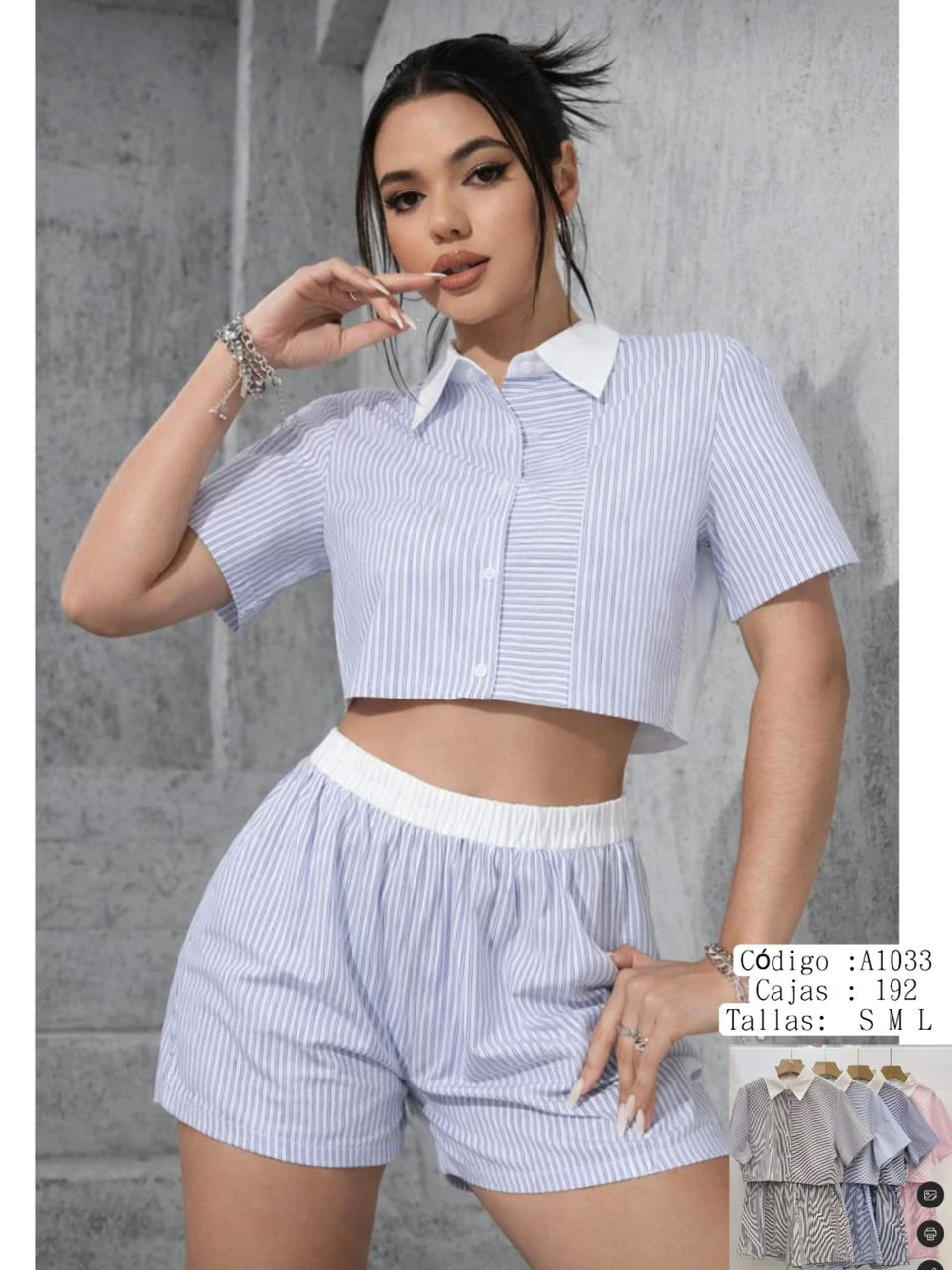 Conjunto de camisa crop de manga corta y shorts a rayas-A1033