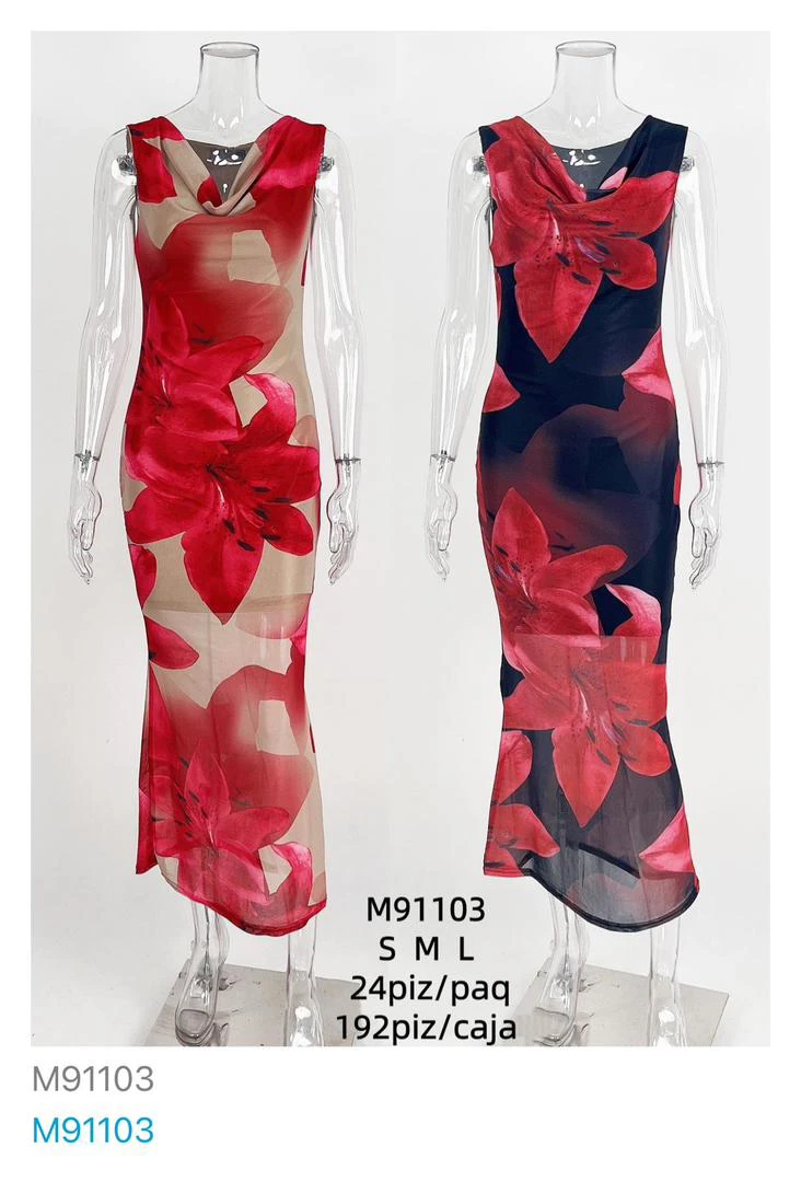 Vestido largo floral con cuello drapeado-M91103