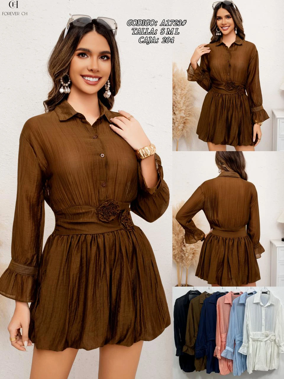 Vestido camisero con cinturón floral-A1723