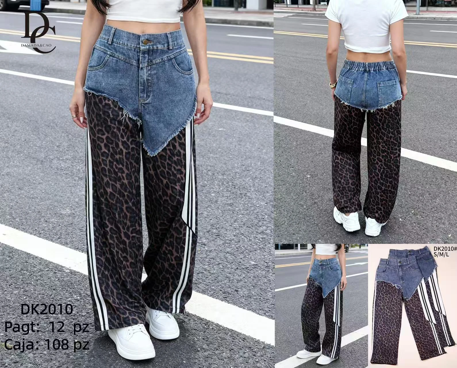Pantalones anchos con diseño asimétrico y estampado de leopardo-DK2010