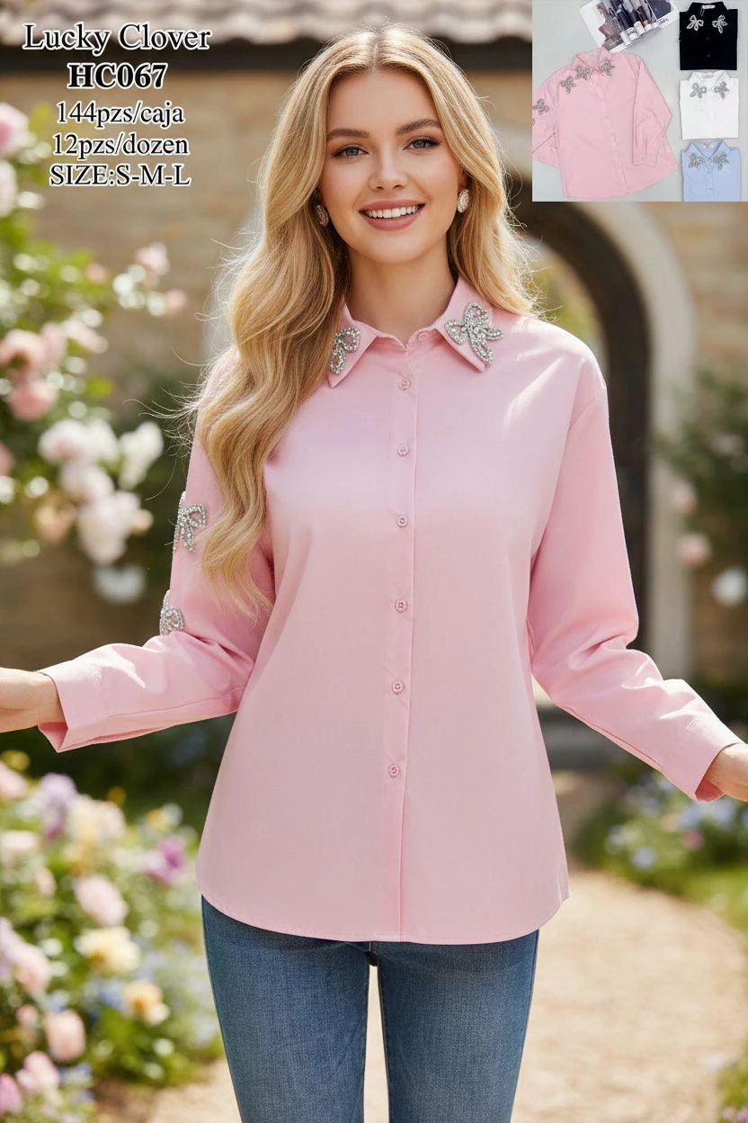 Camisa de manga larga con cuello adornado-HC067