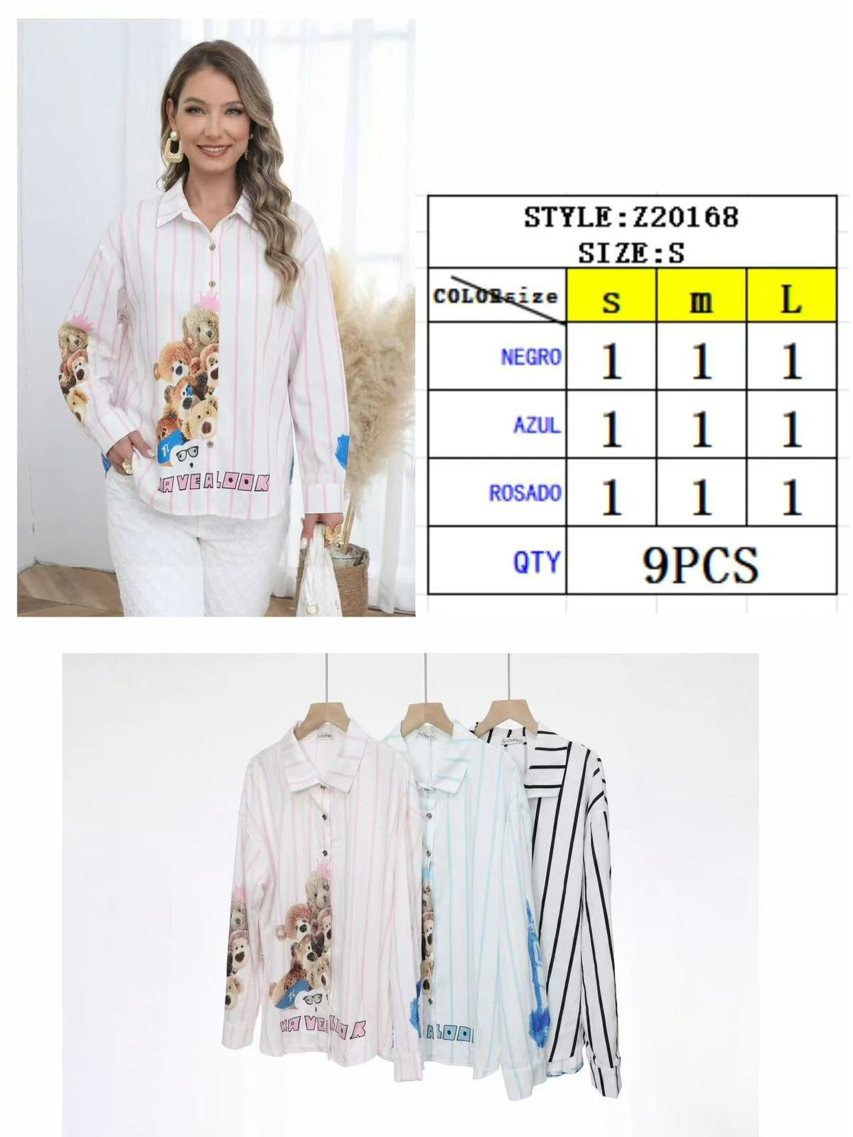 Camisa de rayas con estampado de osos de peluche de manga larga-Z20168