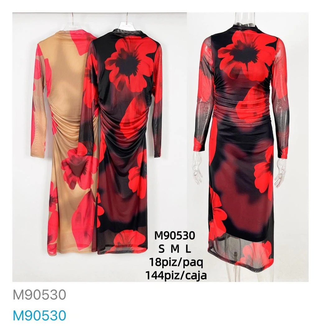 Vestido de malla de manga larga con estampado floral-M90530