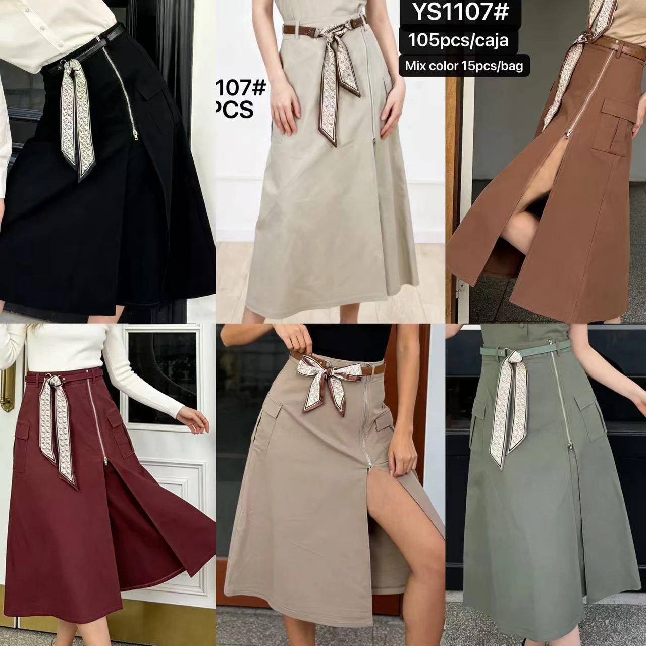 Falda midi con abertura y cinturón con pañuelo-YS1107