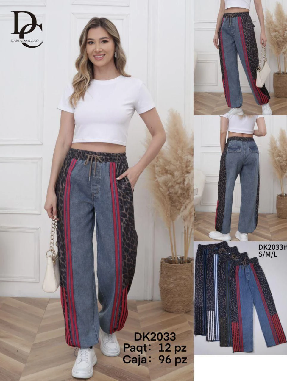Pantalón Jogger de Mezclilla con Animal Print y Rayas Laterales-DK2033