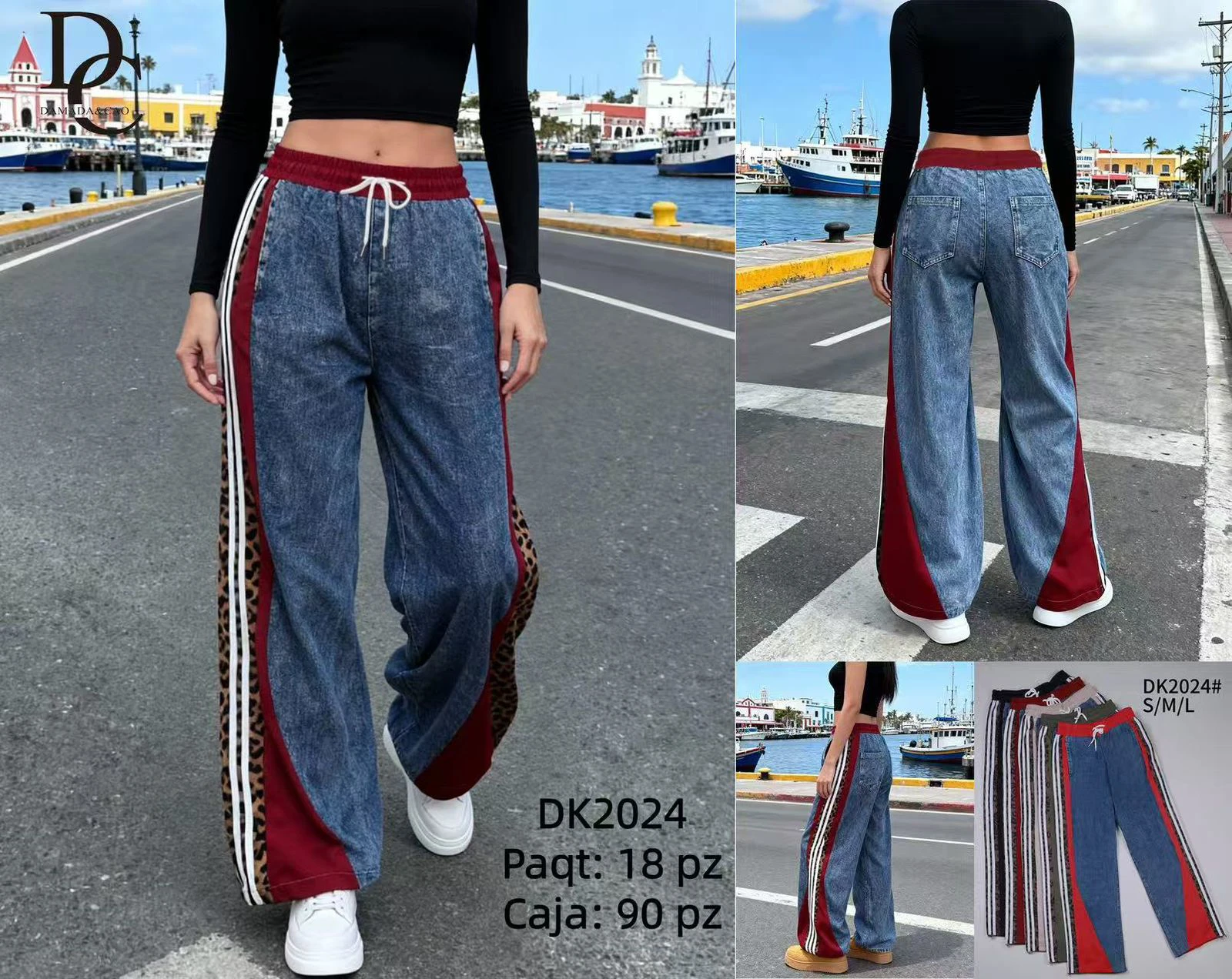 Pantalón wide leg con rayas laterales y detalles de animal print-DK2024