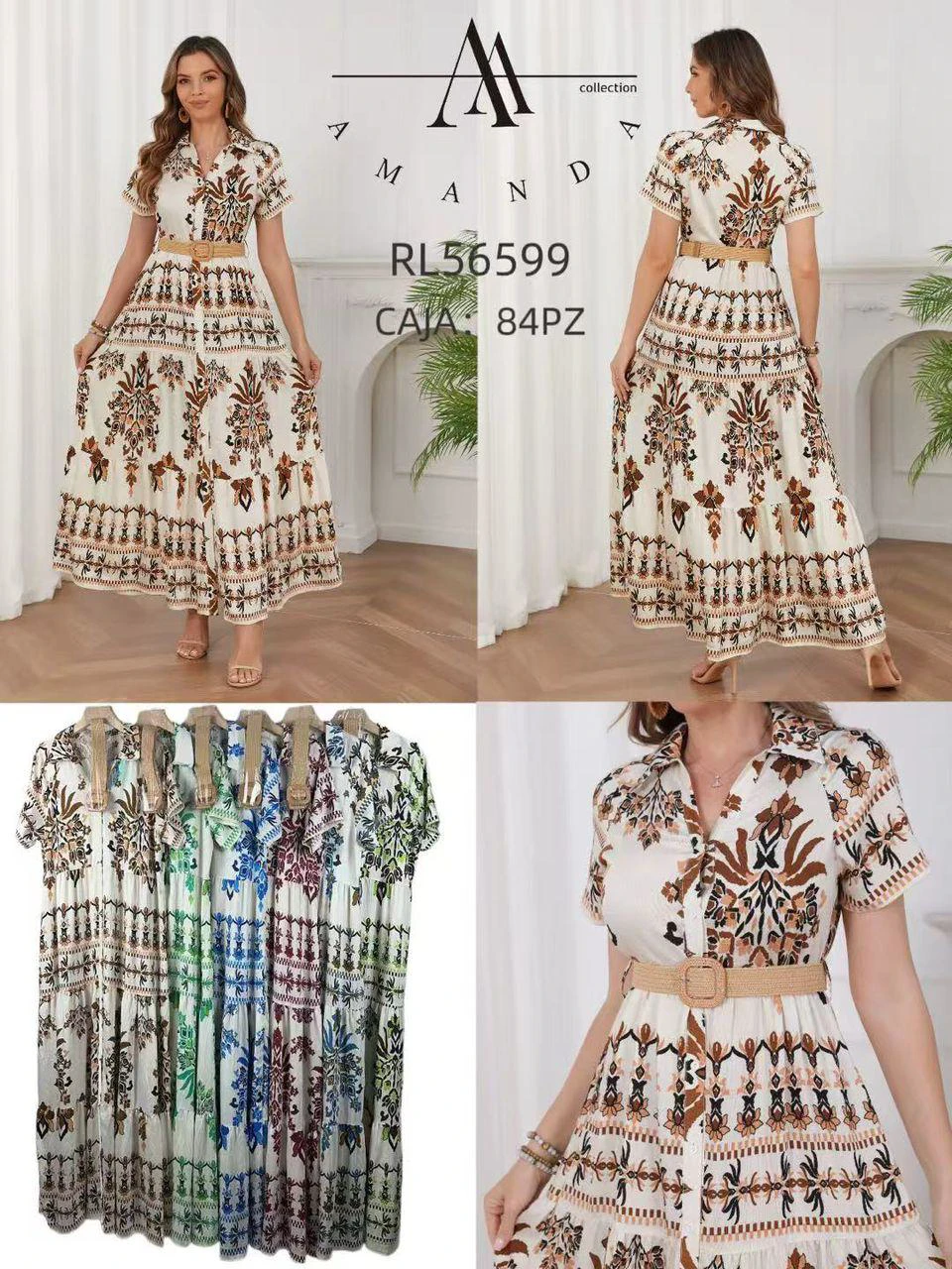 Vestido largo estampado con cinturón-RL56599