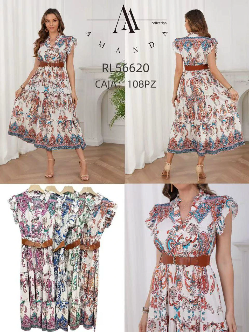 Vestido largo estampado con cinturón-RL56620