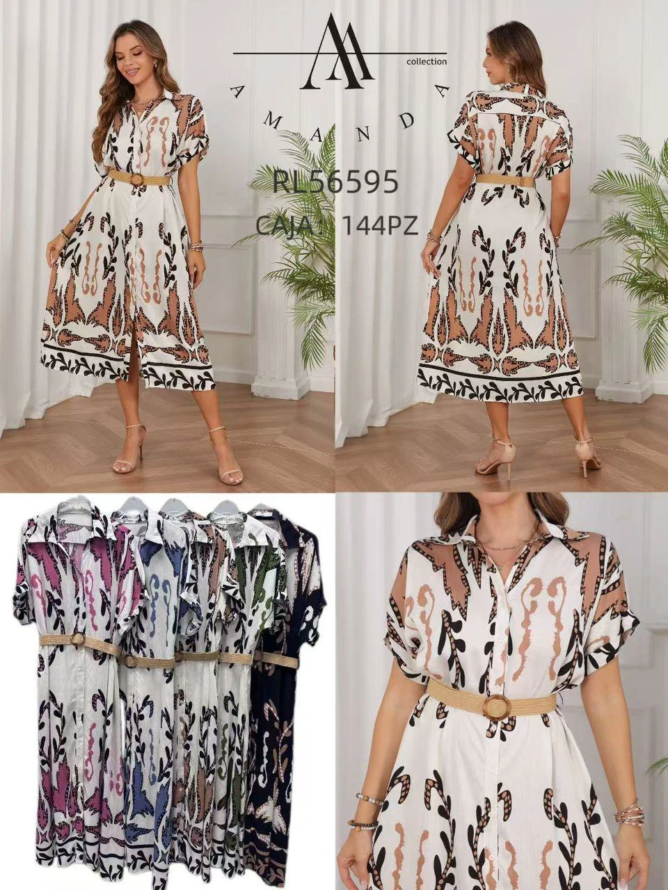 Vestido tipo camisa con cinturón y estampado-RL56595