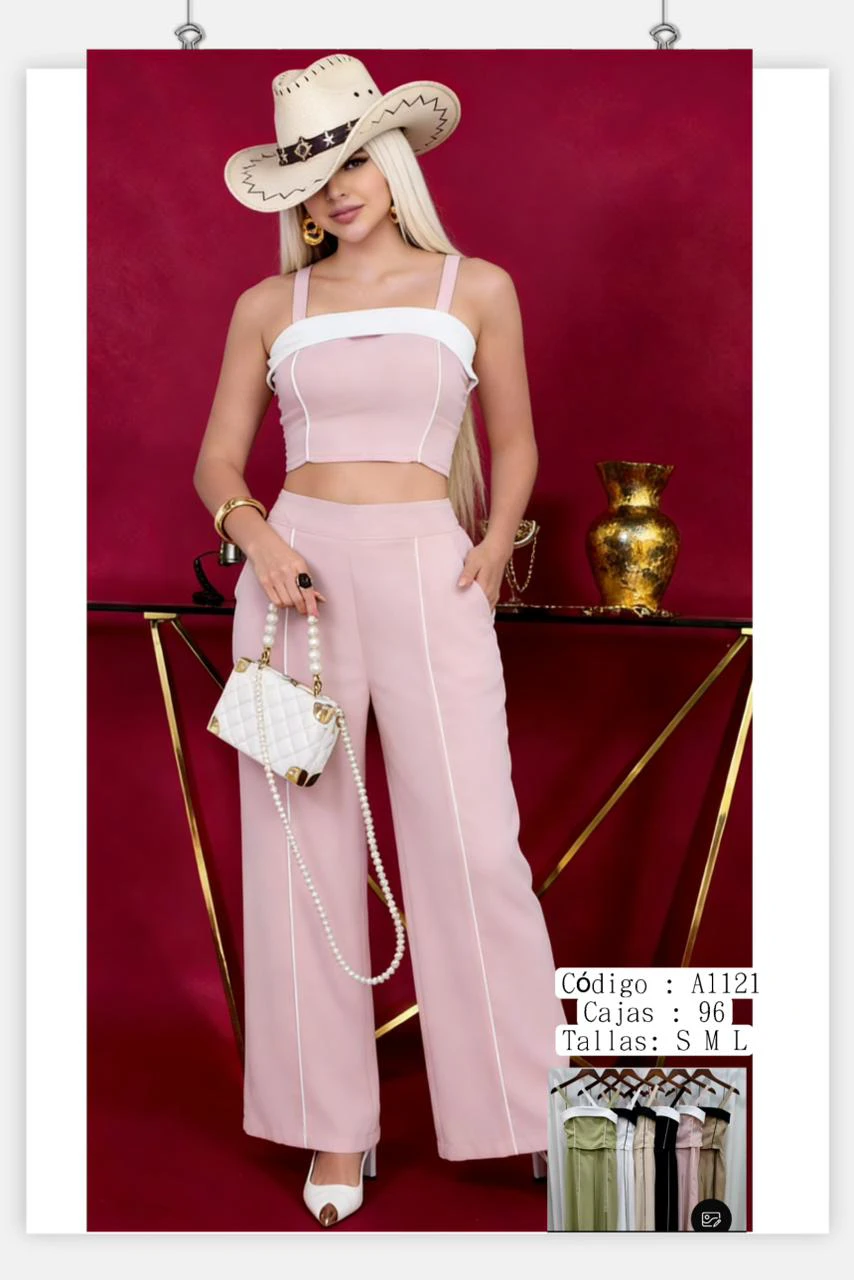 Conjunto de crop top sin mangas y pantalón de pierna ancha-A1121