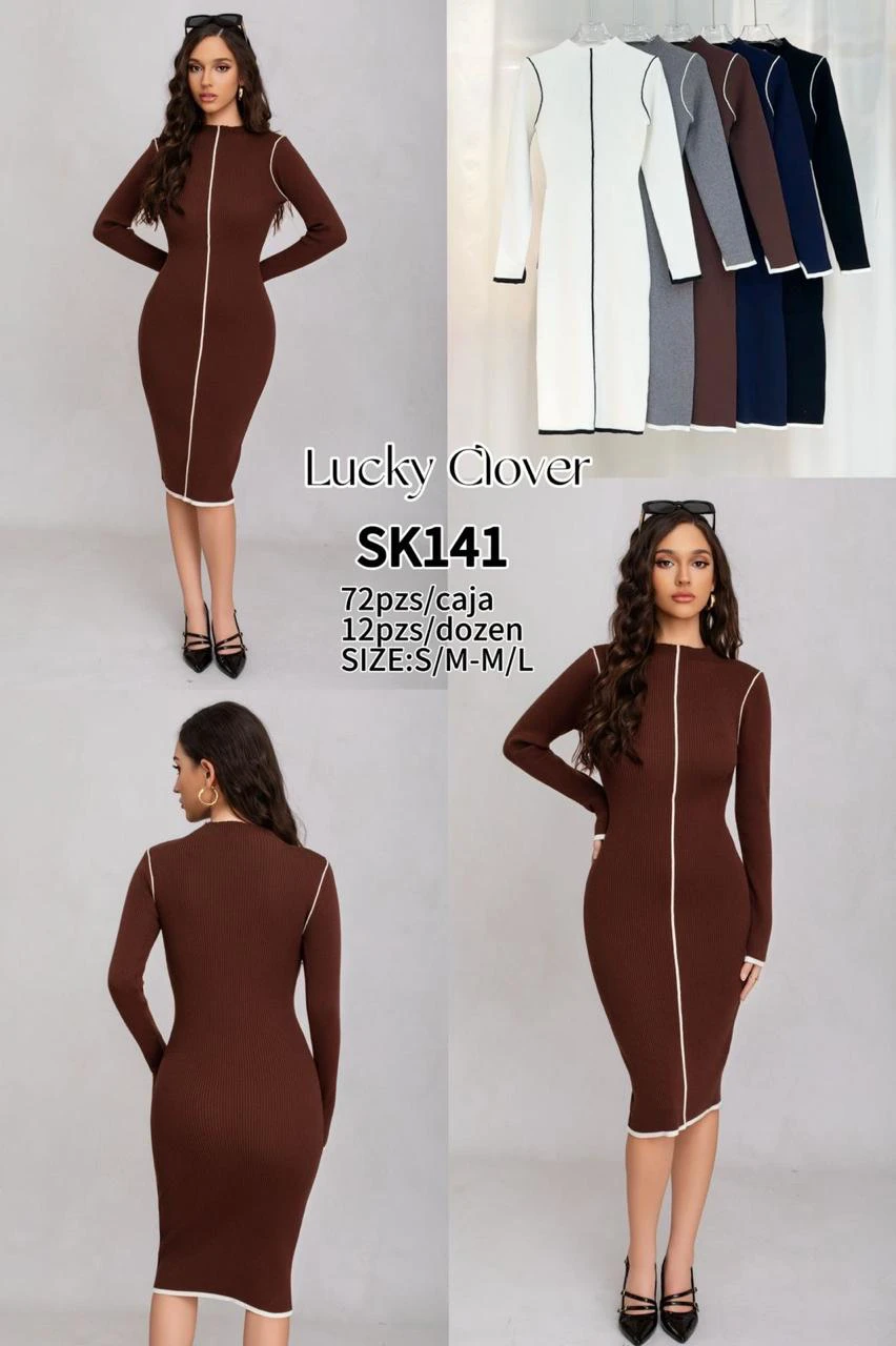 Vestido de punto de manga larga con ribete en contraste-SK141