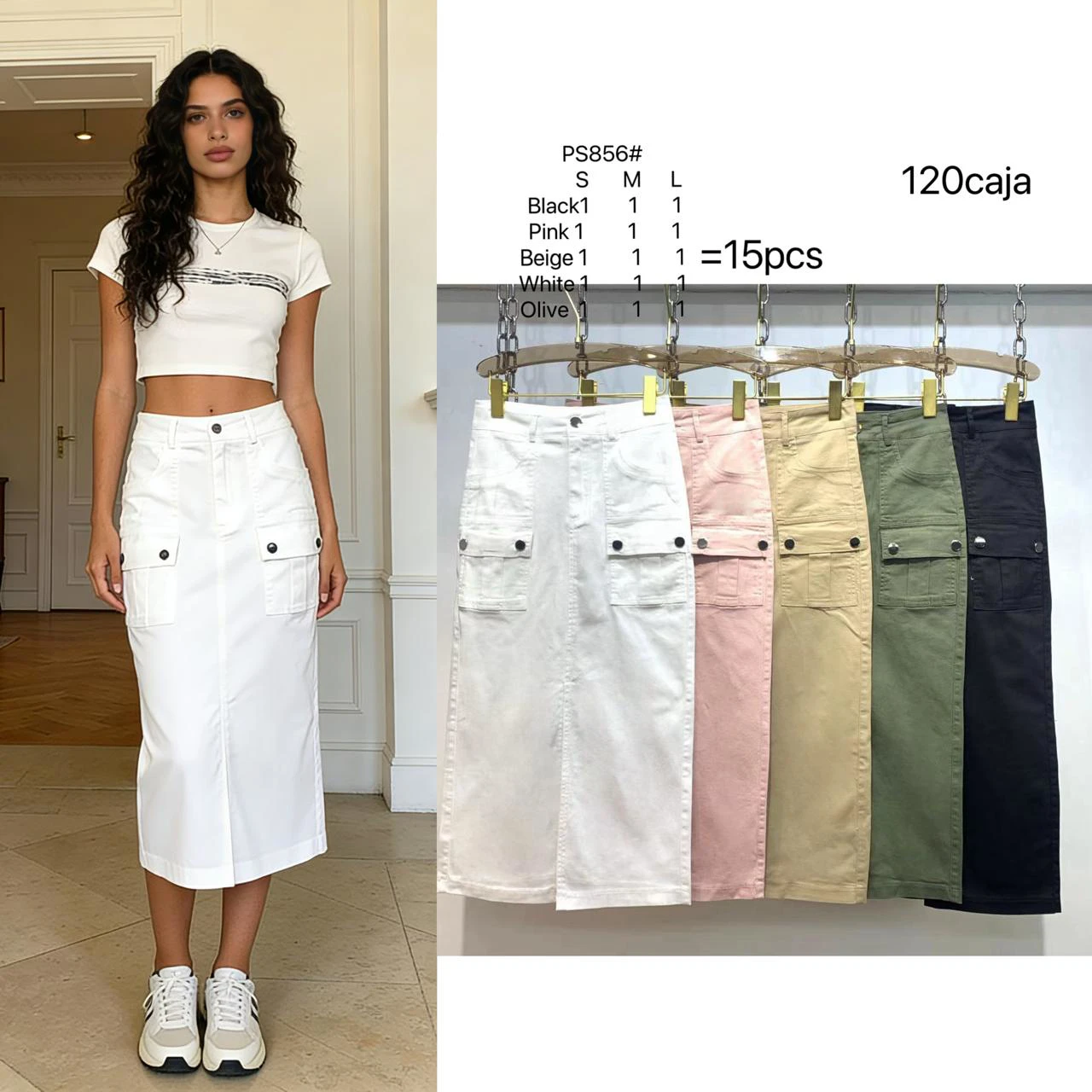 Falda midi con bolsillos cargo-PS856