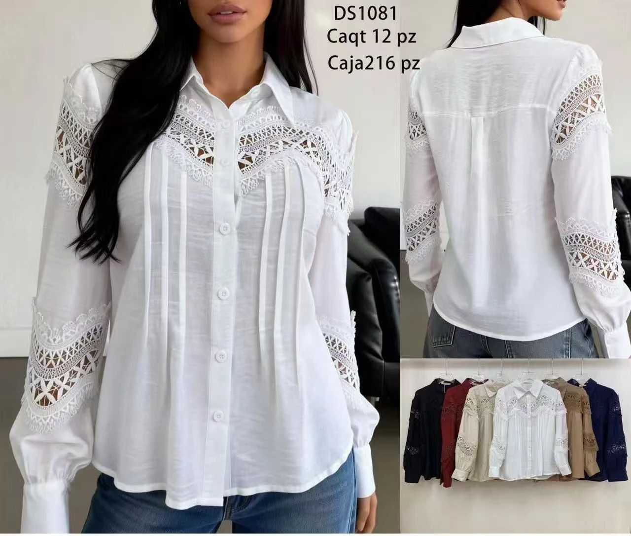 Blusa de manga larga con encaje y pliegues-DS1081