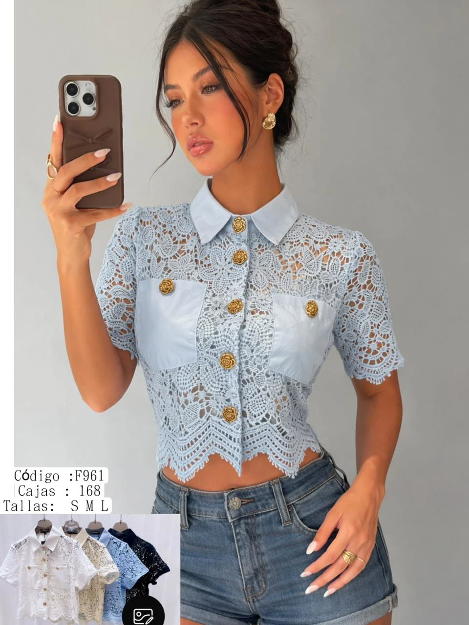 Blusa de encaje de manga corta con botones-F961