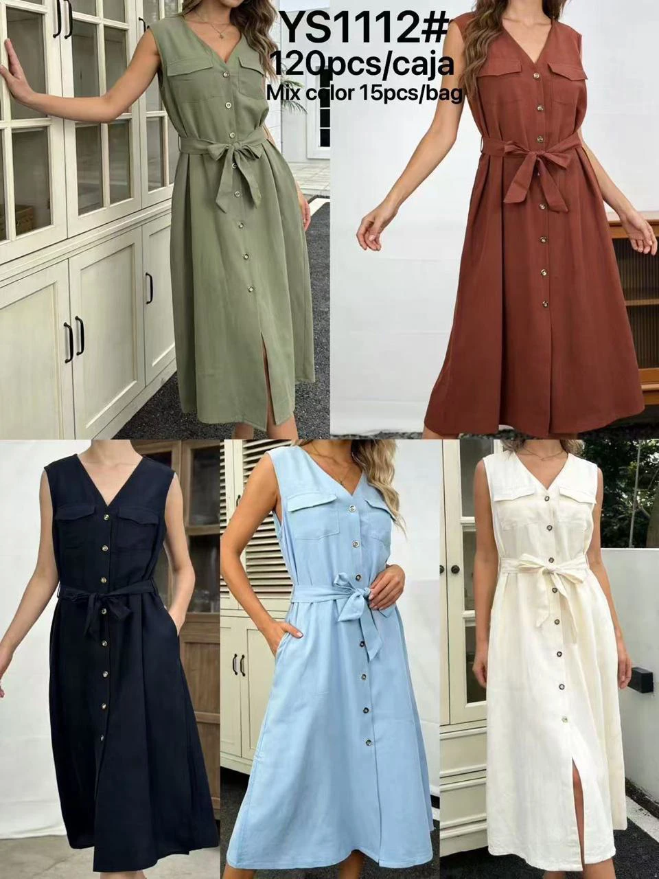 Vestido camisero sin mangas con botones y cinturón-YS1112