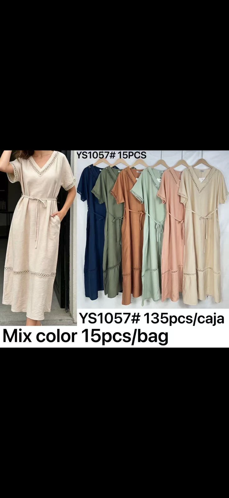 Vestido con cuello en V y detalle de encaje-YS1057