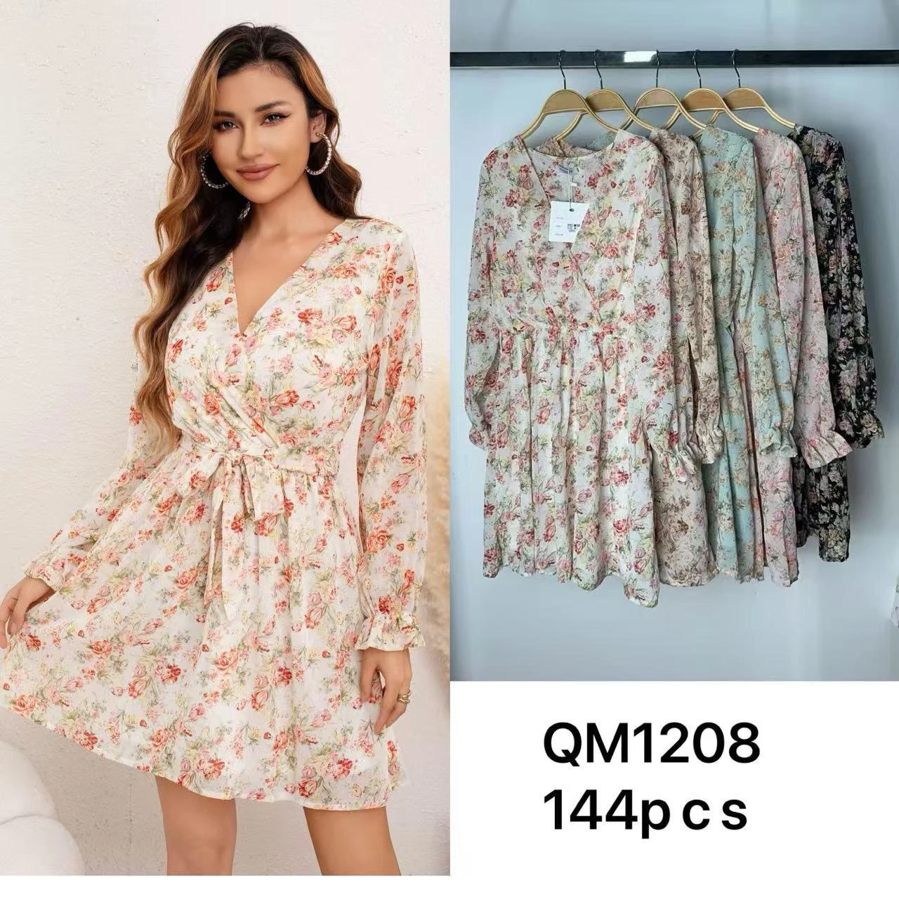 Vestido cruzado floral de manga larga-QM1208