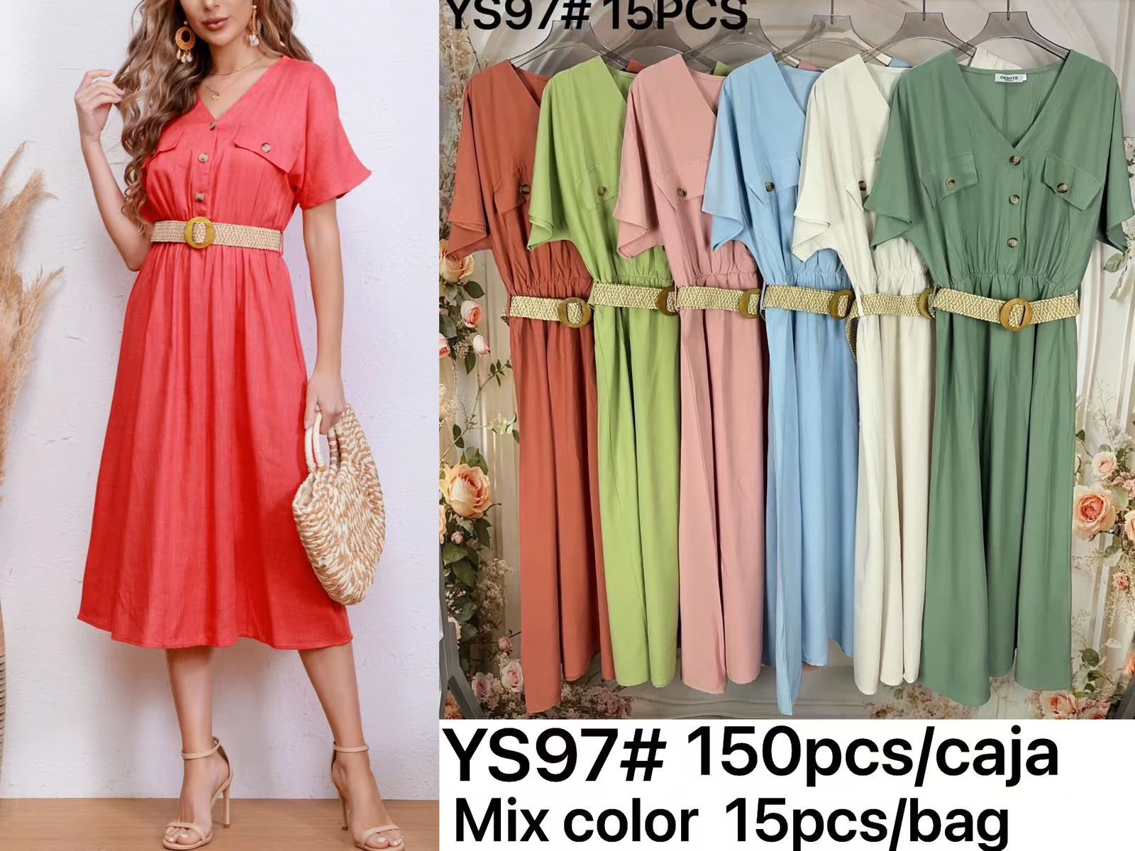 Vestido de mujer con cuello en V y botones-YS97