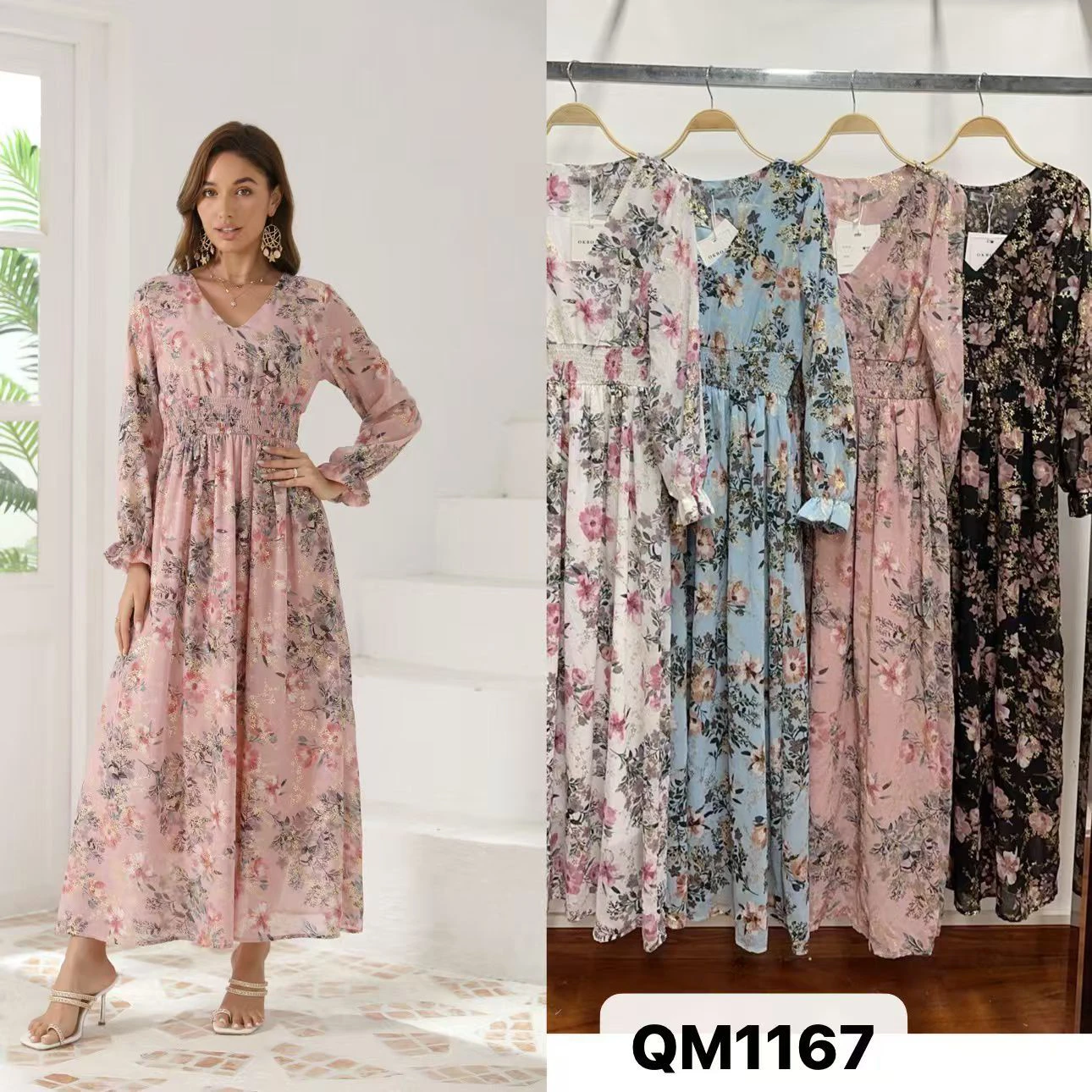 Vestido floral largo de manga larga-QM1167