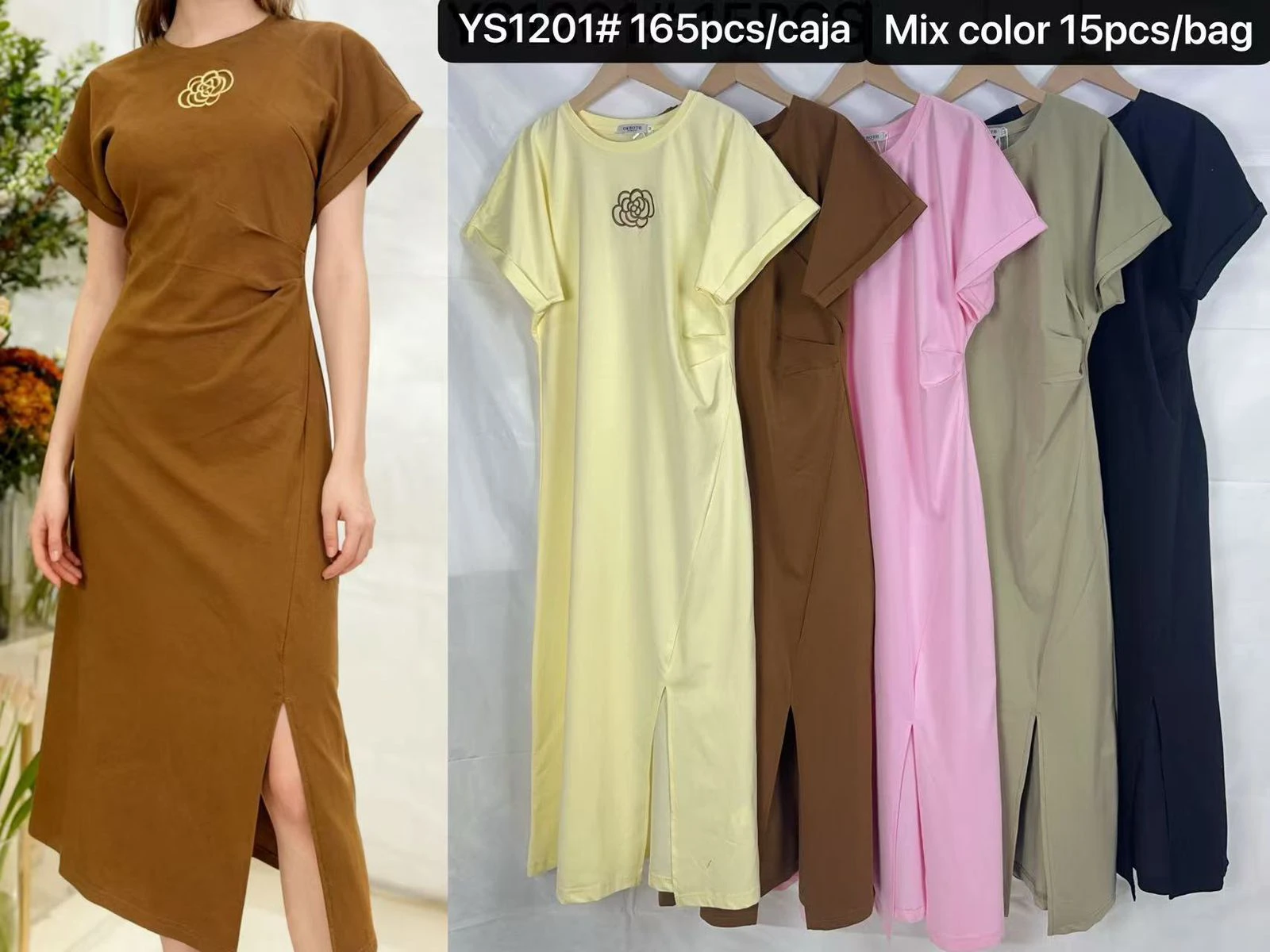 Vestido largo de manga corta con abertura lateral-YS1201