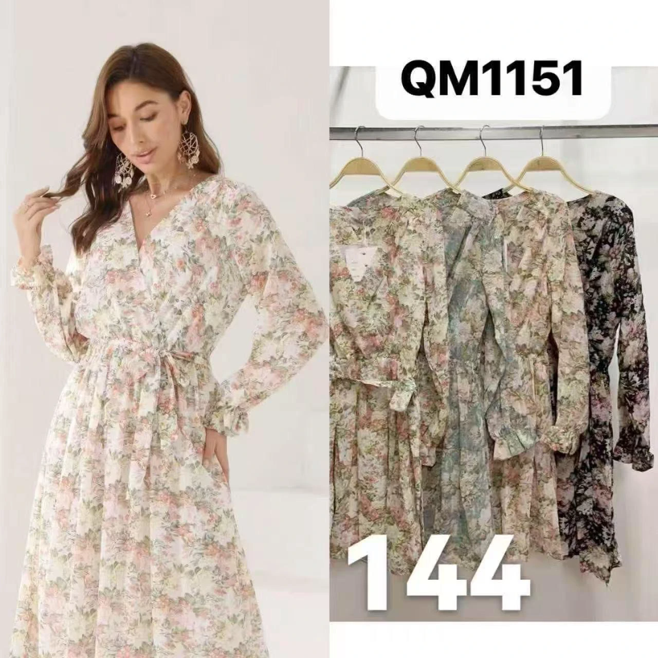 Vestido largo floral con cuello V-QM1151