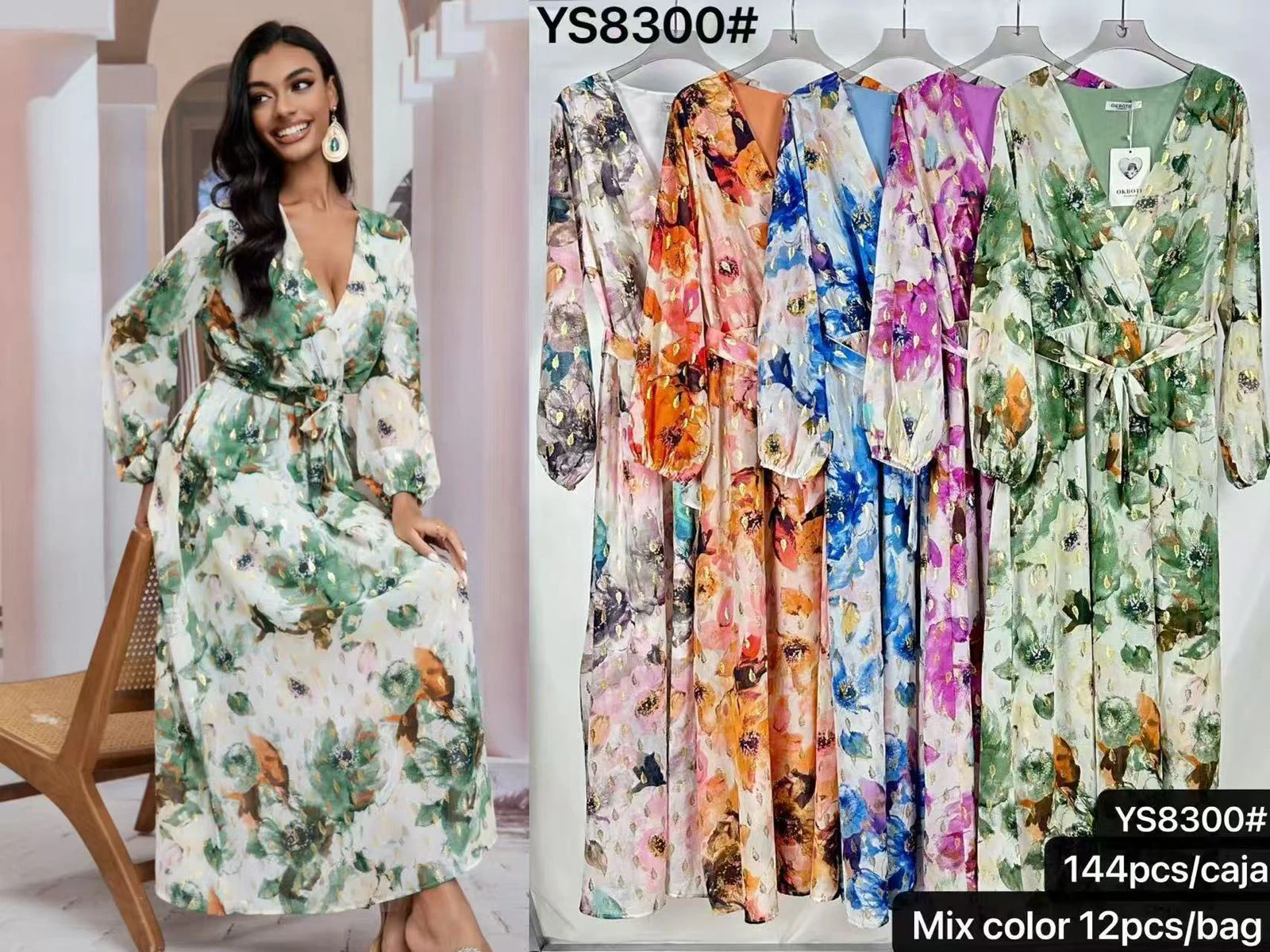 Vestido largo floral con escote en V-YS8300