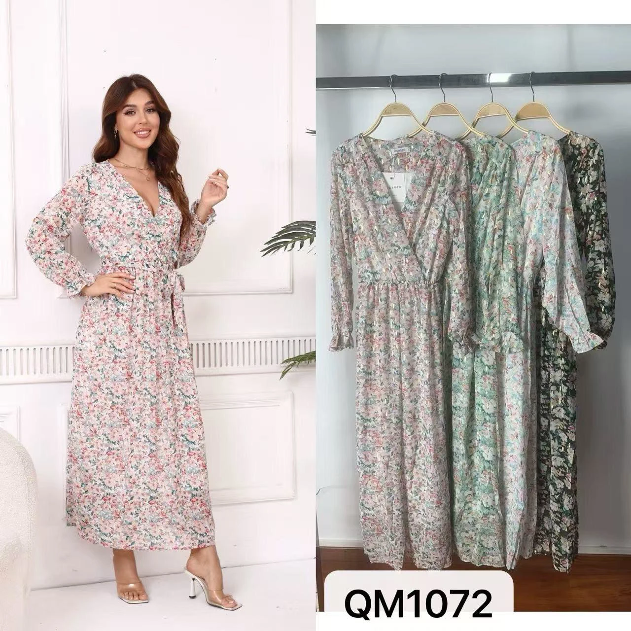 Vestido largo floral con manga larga-QM1072