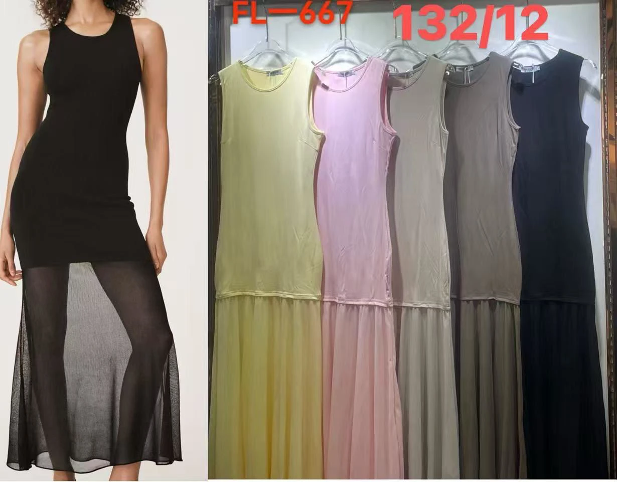 Vestido largo sin mangas con falda transparente-FL-667