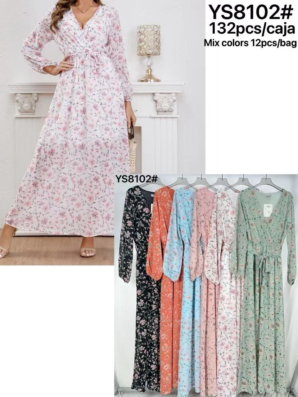 Vestido Maxi Floral Cuello V Manga Larga-YS8102