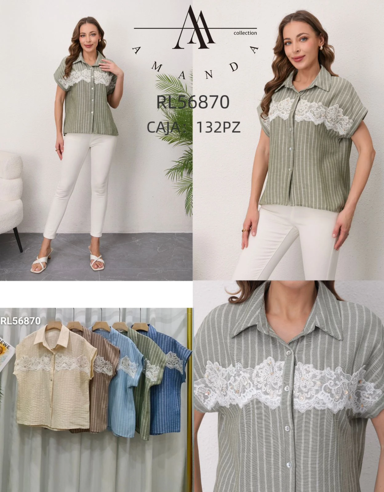 Blusa rayada de manga corta con detalles de encaje-RL56870